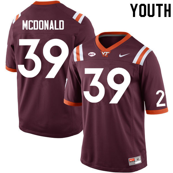 Youth #39 Jorden McDonald Virginia Tech Hokies College Football Jerseys Sale-Maroon